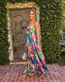 Adrenia Pleated Floral Print Satin Maxi Dress