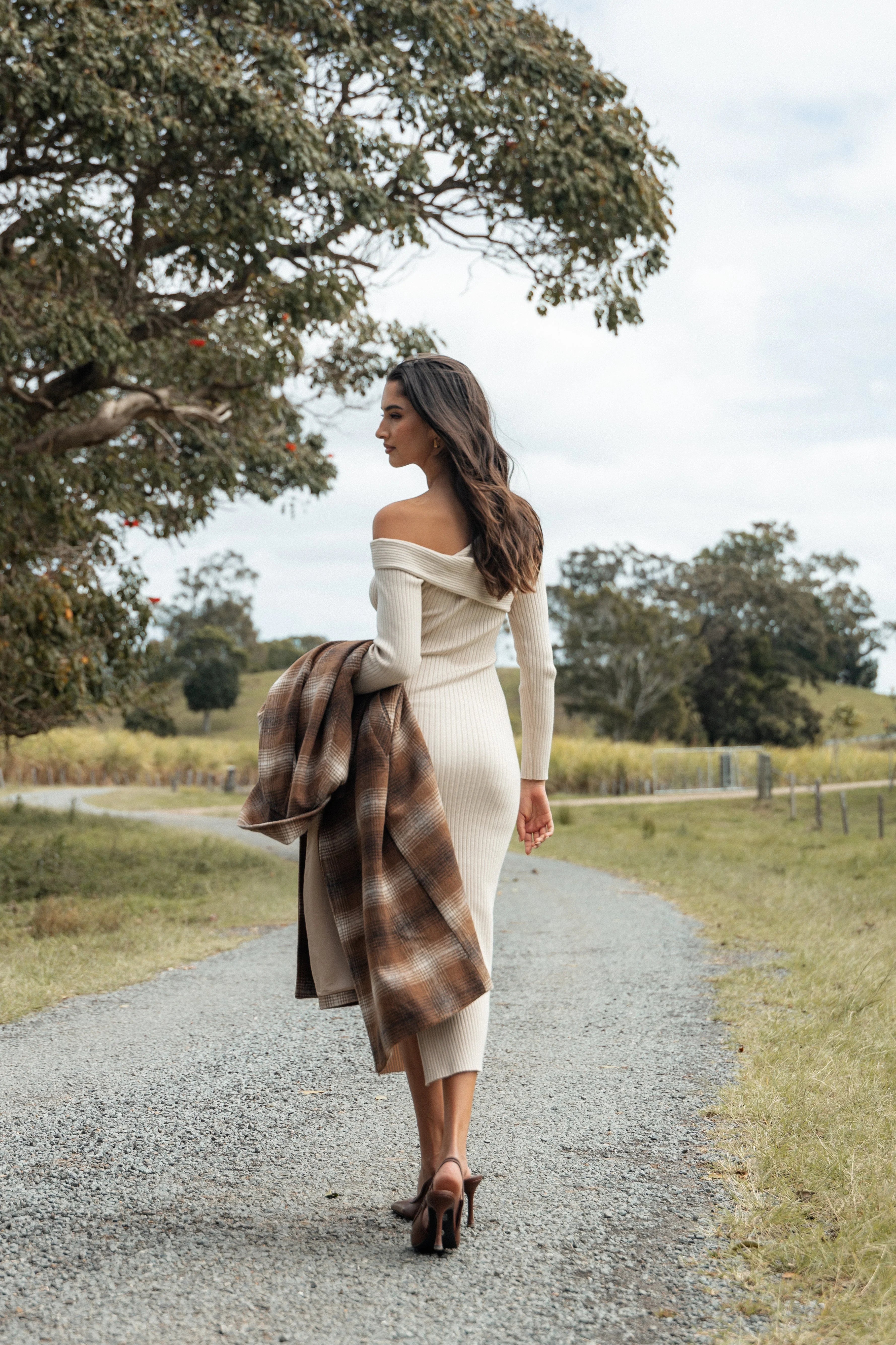 Cammie Long Sleeve Midi Dress Beige