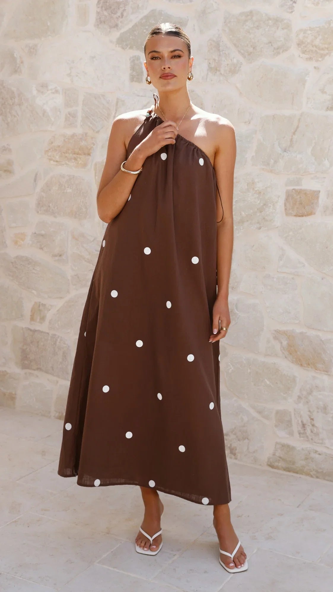Nasira One Shoulder Maxi Dress Chocolate White Polka Dot