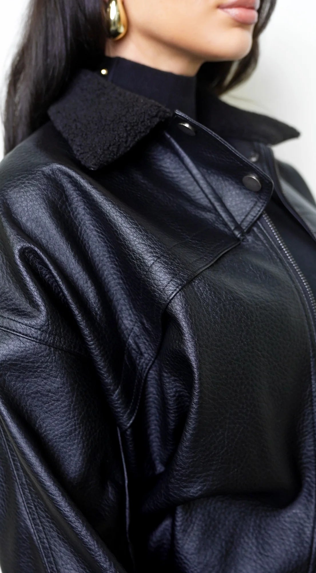 Rhéa Shearling Collar PU Leather Jacket Black