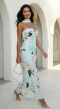 Elysira Reverse Halter Floral Satin Maxi Dress Mint Blue