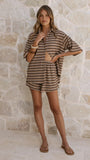 Tali Button Up Shirt and Shorts Set Mocha Yellow Stripe