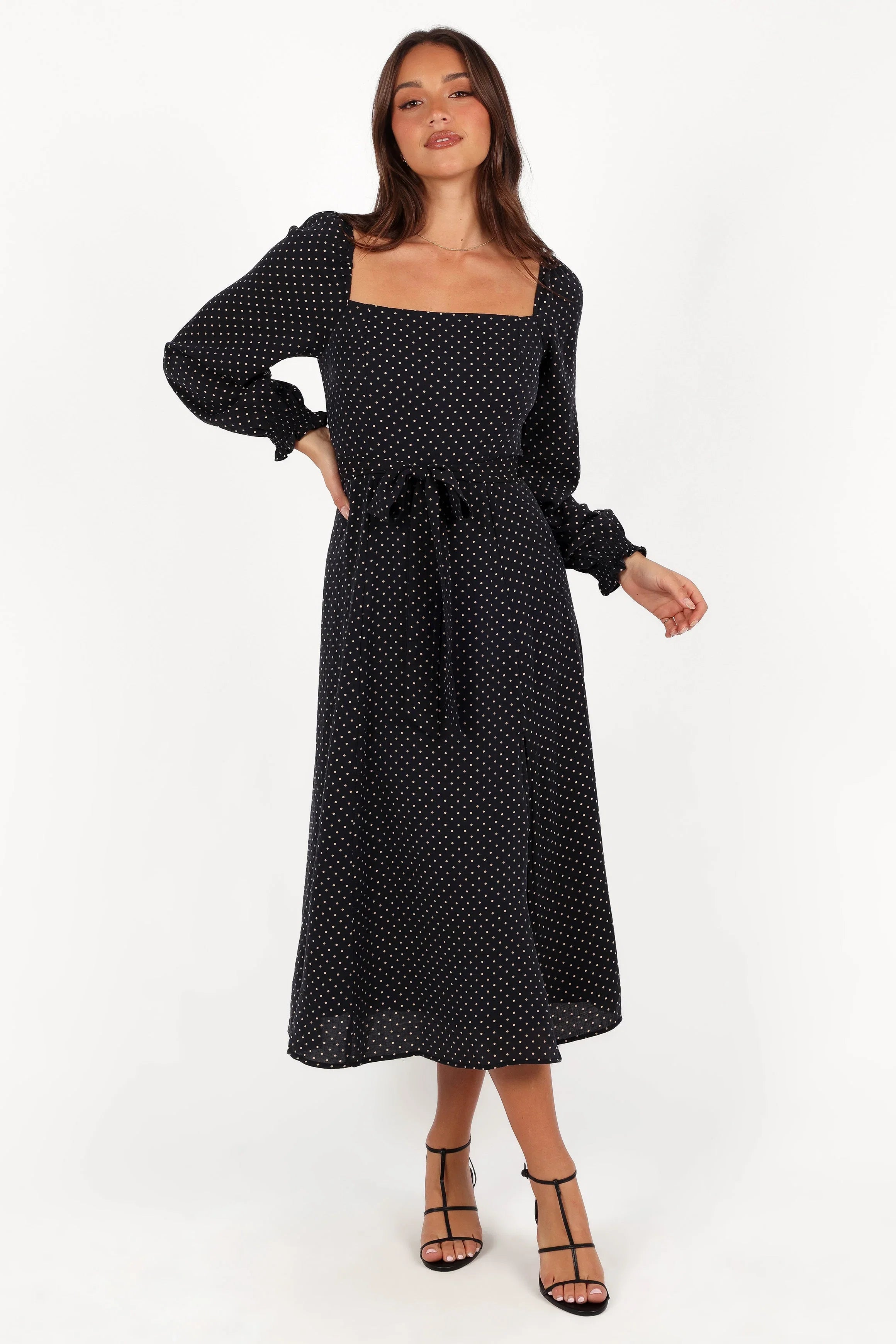 Ettie Long Sleeve Midi Dress Black Polka Dot