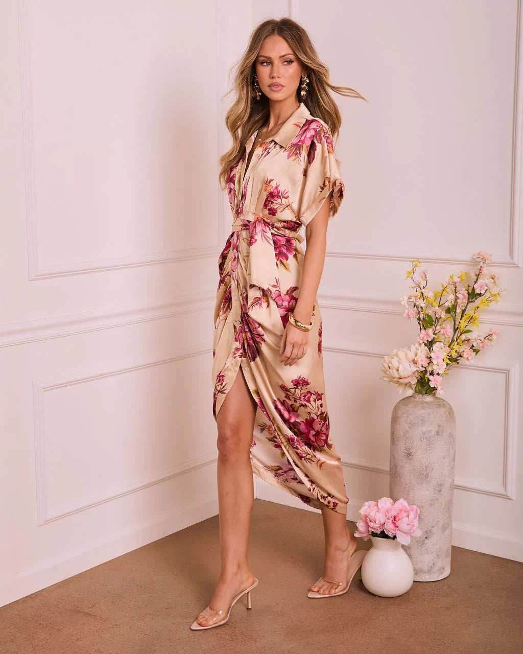 Trudie Floral Satin Midi Shirt Dress