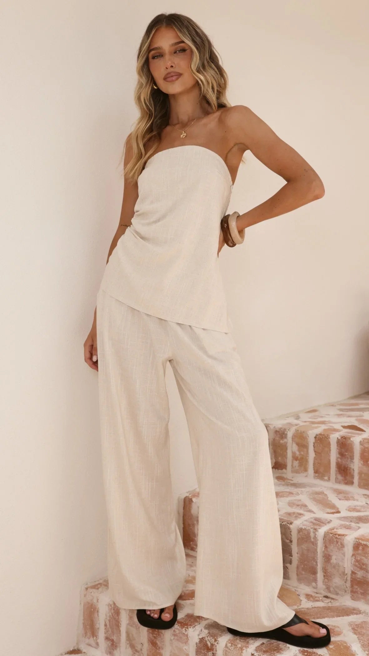 Yuki Strapless Top and Pants Set Oatmeal