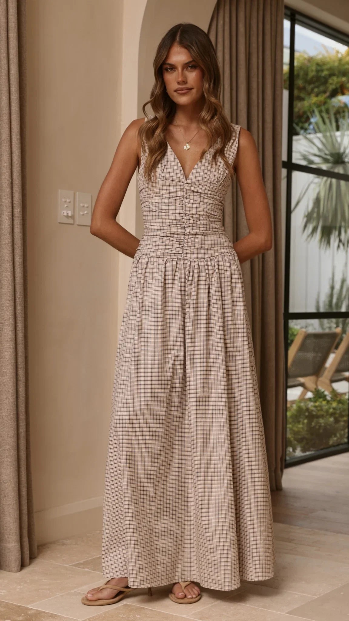 Sanya Maxi Dress Beige Check