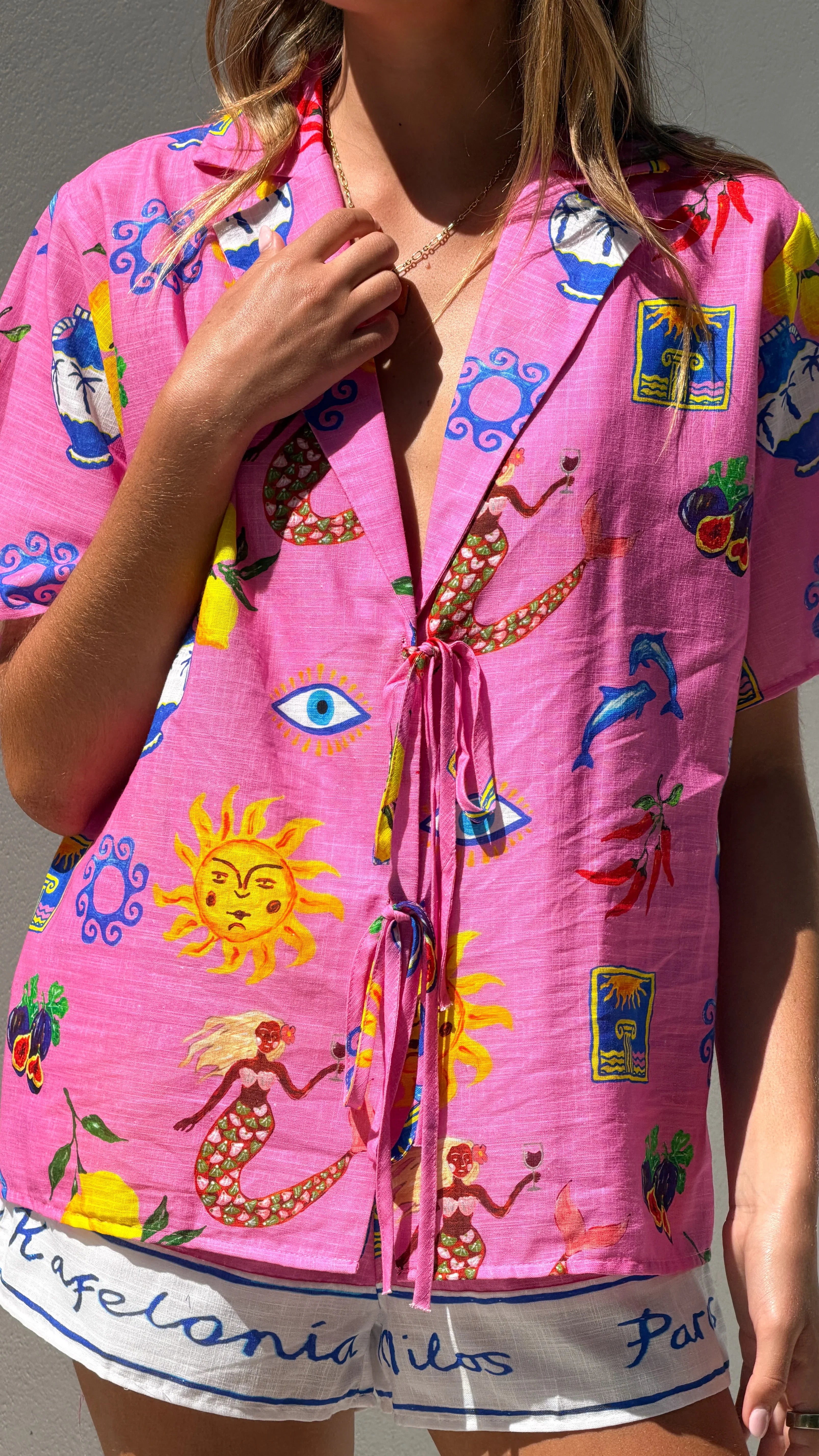 Dayana Tie Up Shirt and Shorts Set Greek Island Print
