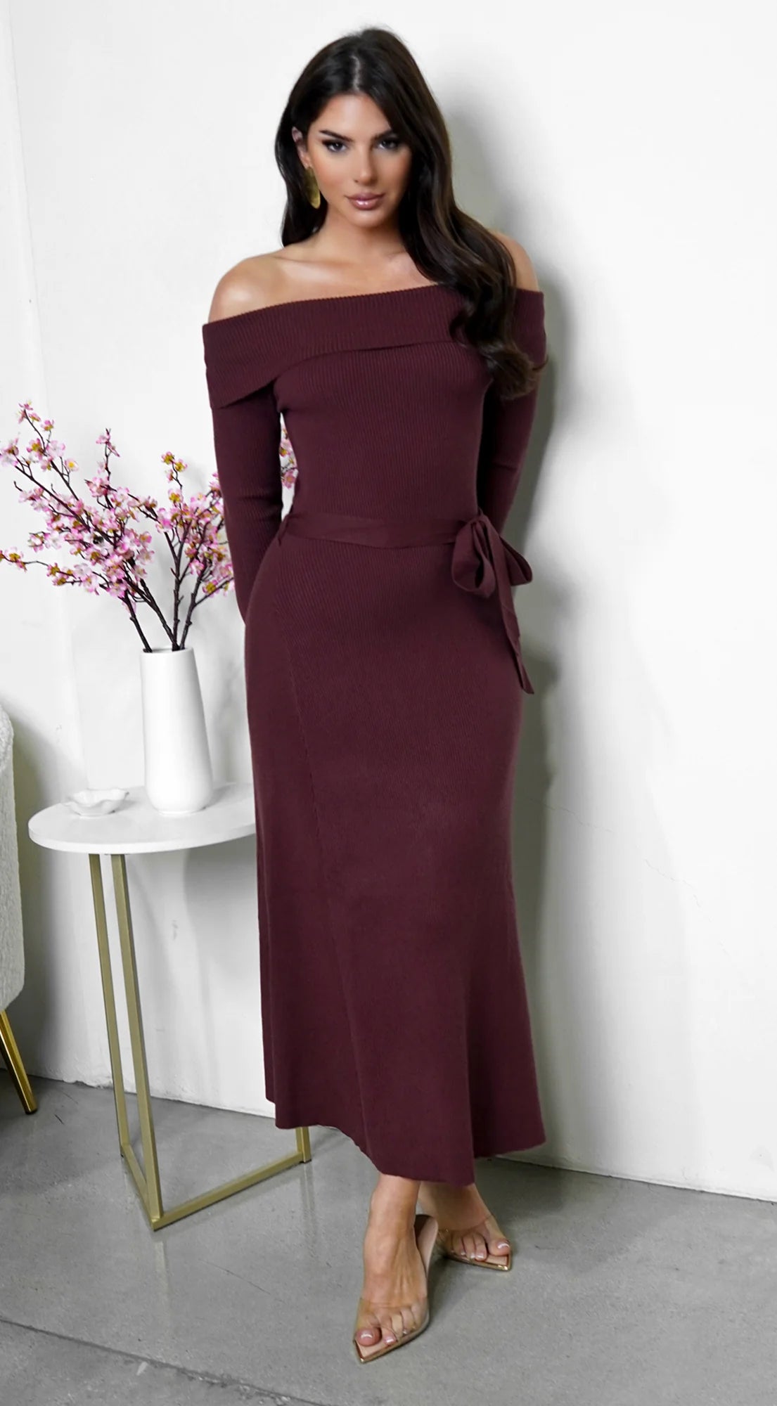 Zoya Off Shoulder Ribbed Midi Dress Brown