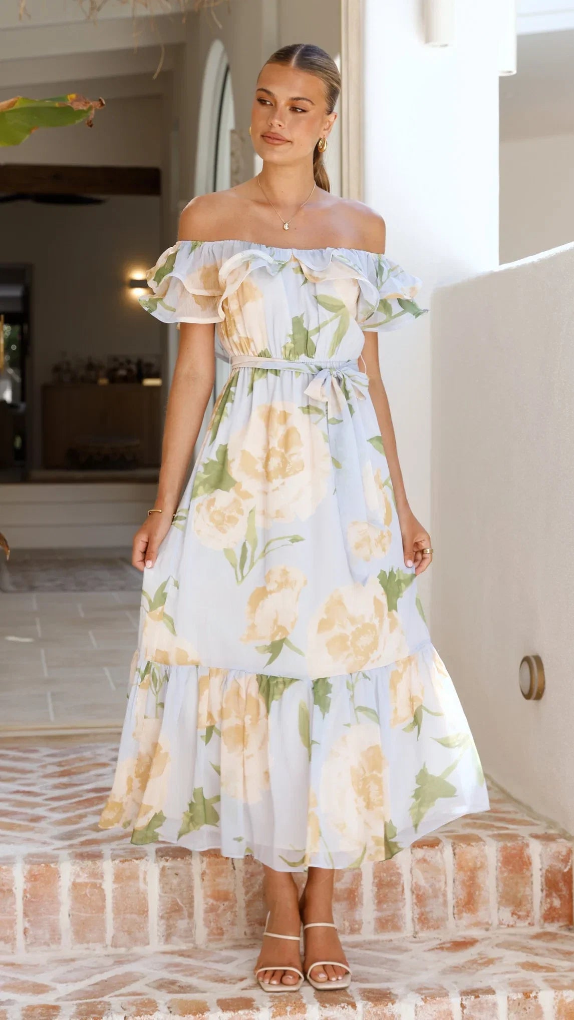 Chase Off Shoulder Maxi Dress Blue Peach Floral