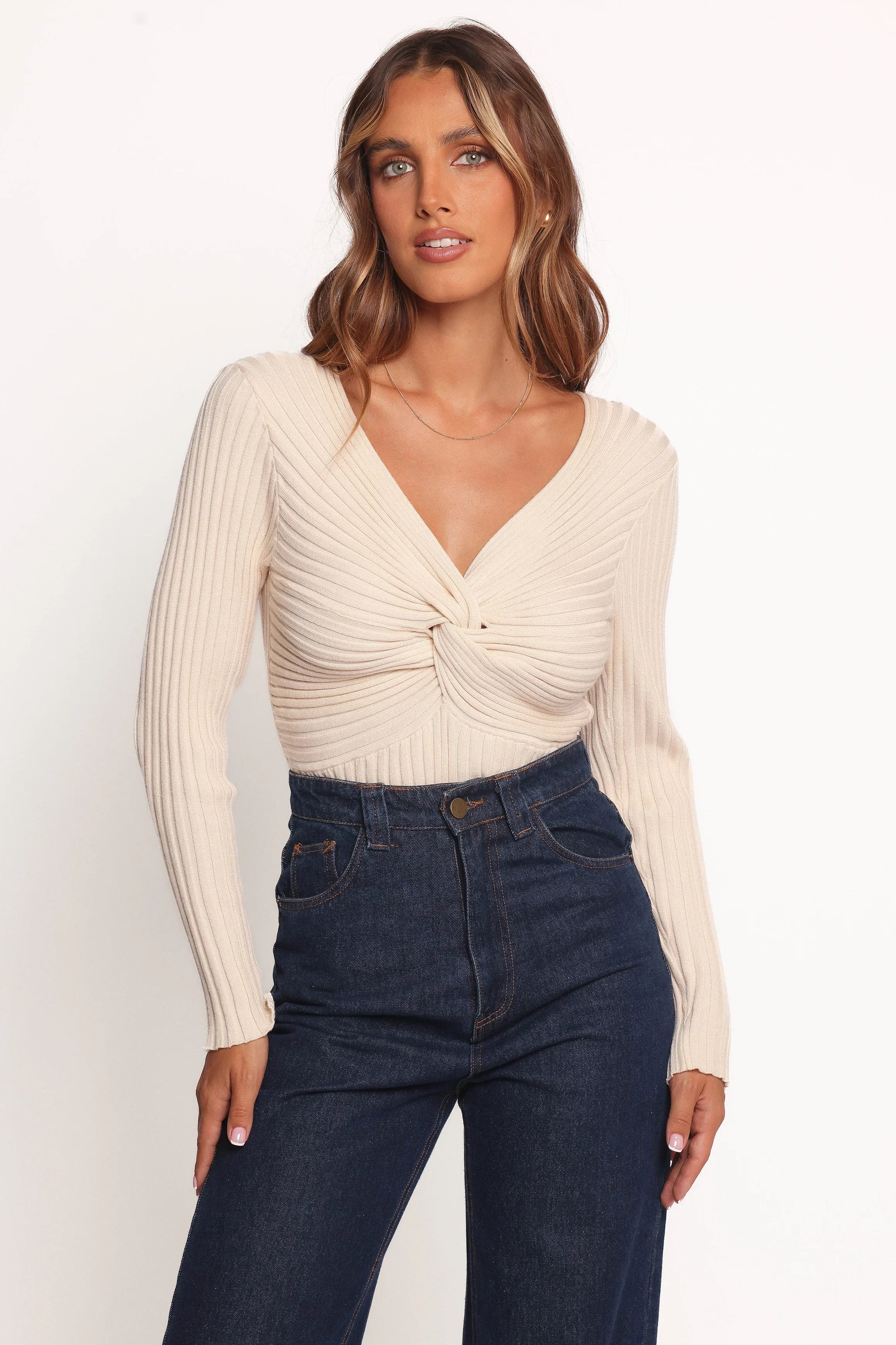 Demi Twist Detail Knit Top Cream