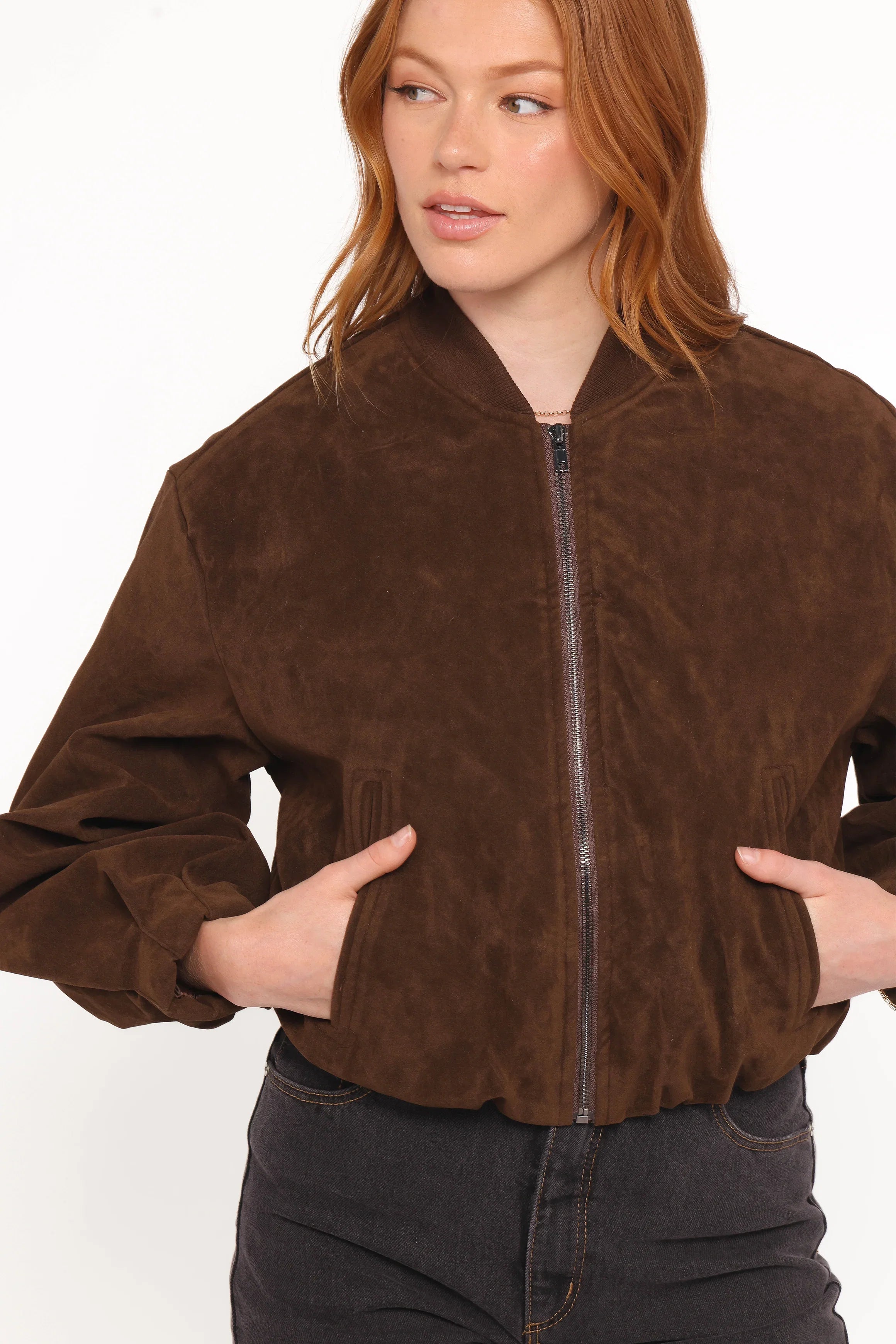 Goldie Faux Suede Bomber Jacket Brown
