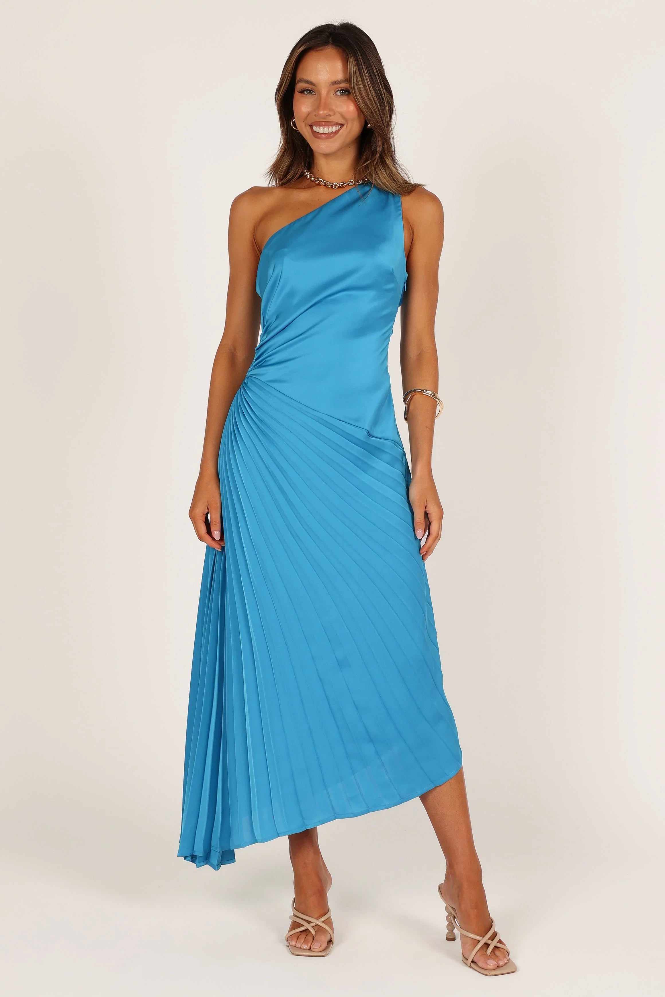 Flin Pleated One Shoulder Midi Dress Blue