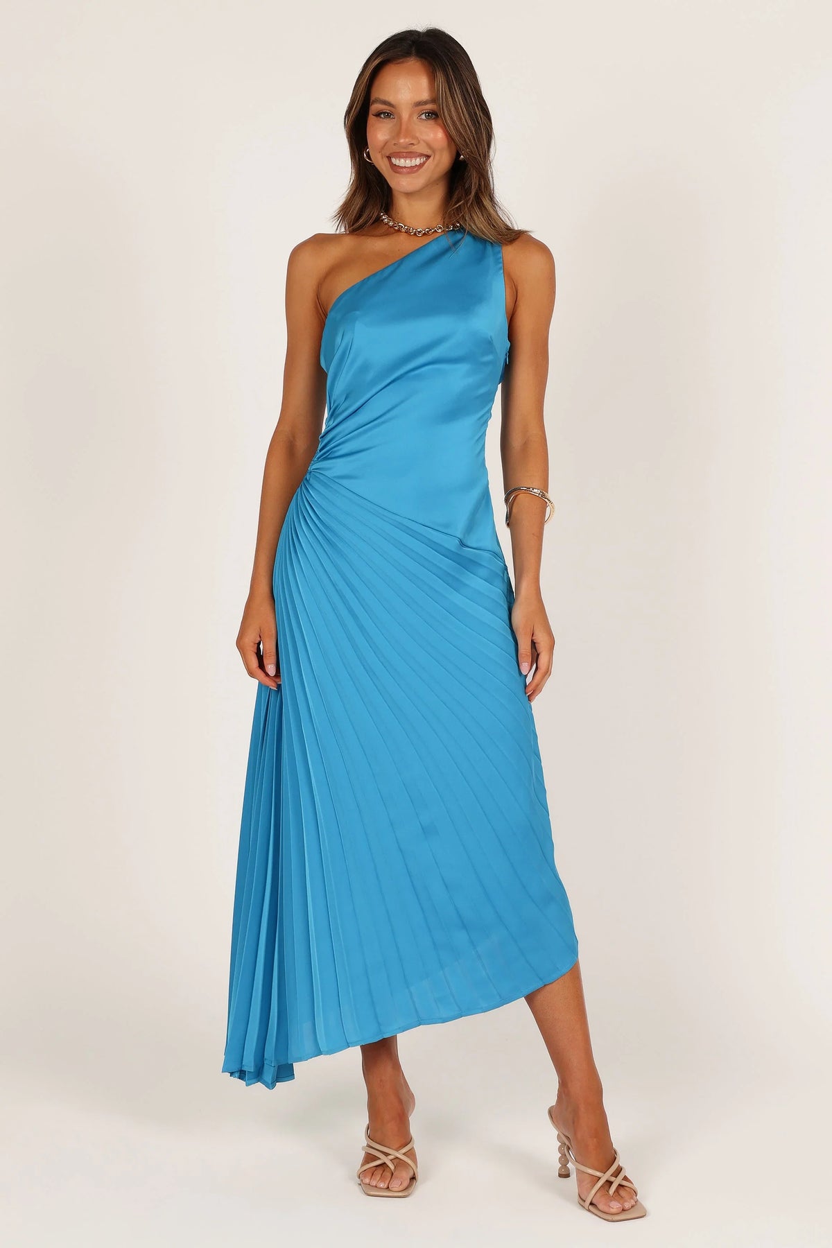 Flin Pleated One Shoulder Midi Dress Blue