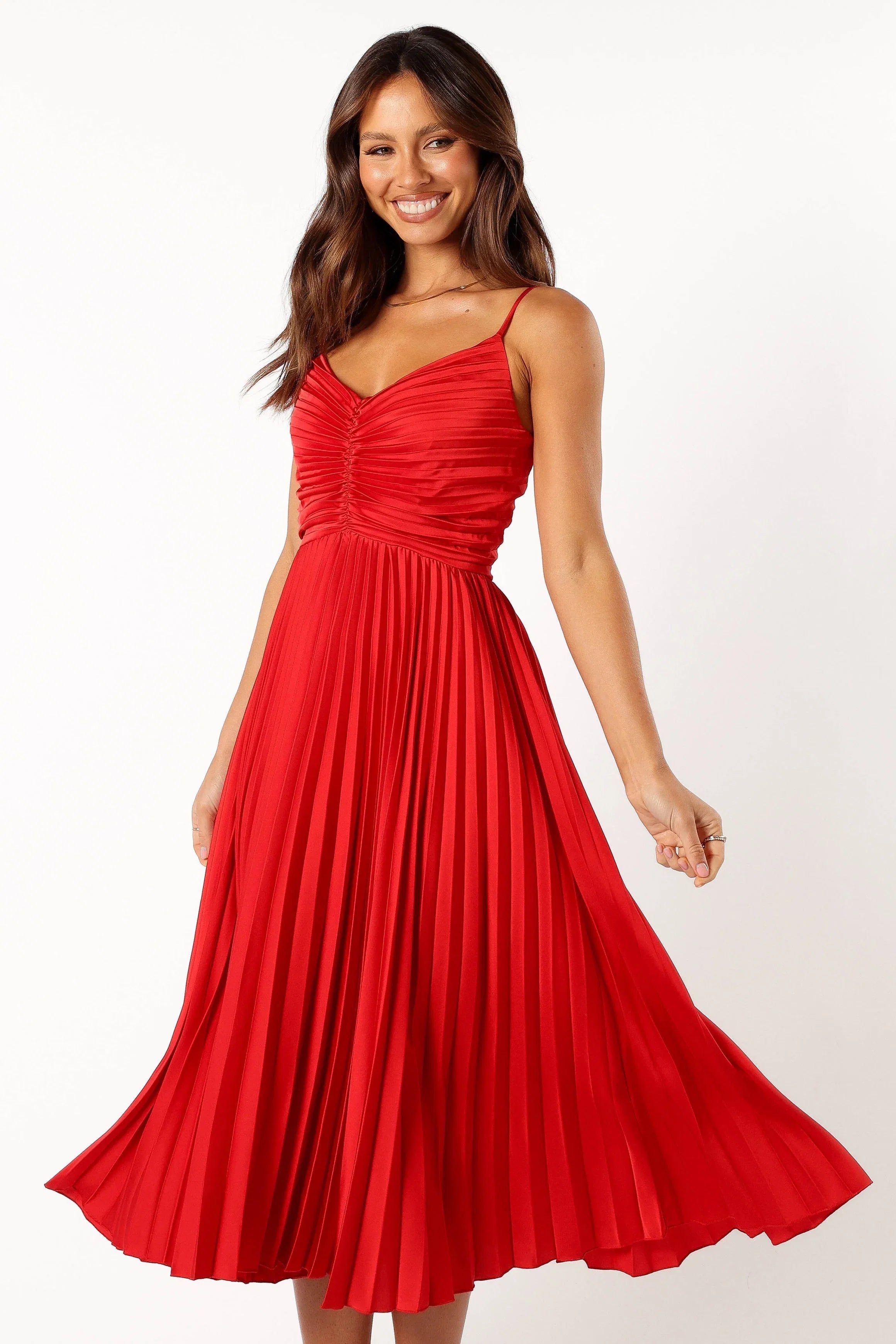 Naira Pleated Midi Dress Red