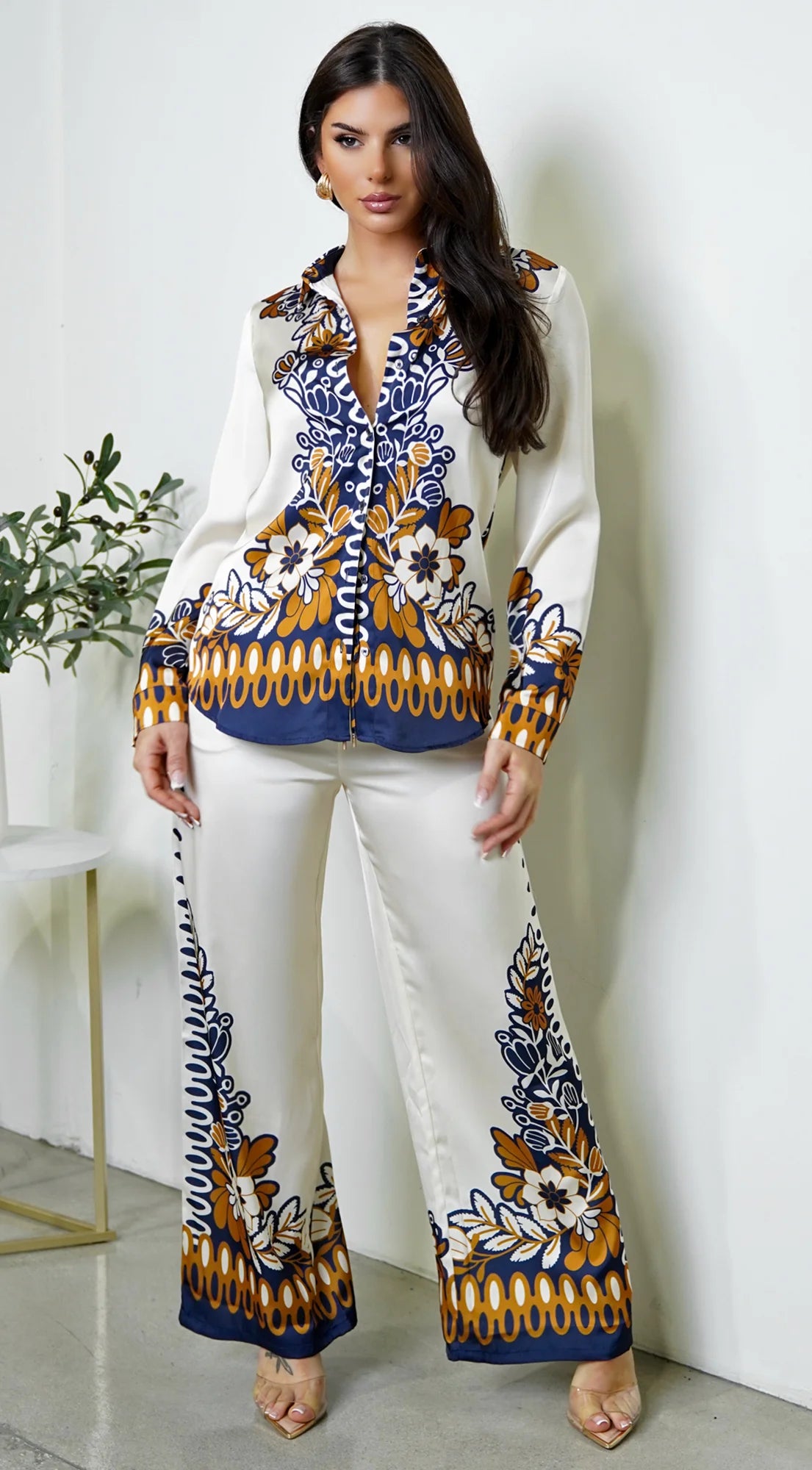 Georgina Floral Print Satin Set Cream