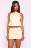 Happiness Is Key Mid Rise Denim Mini Skirt Lemon