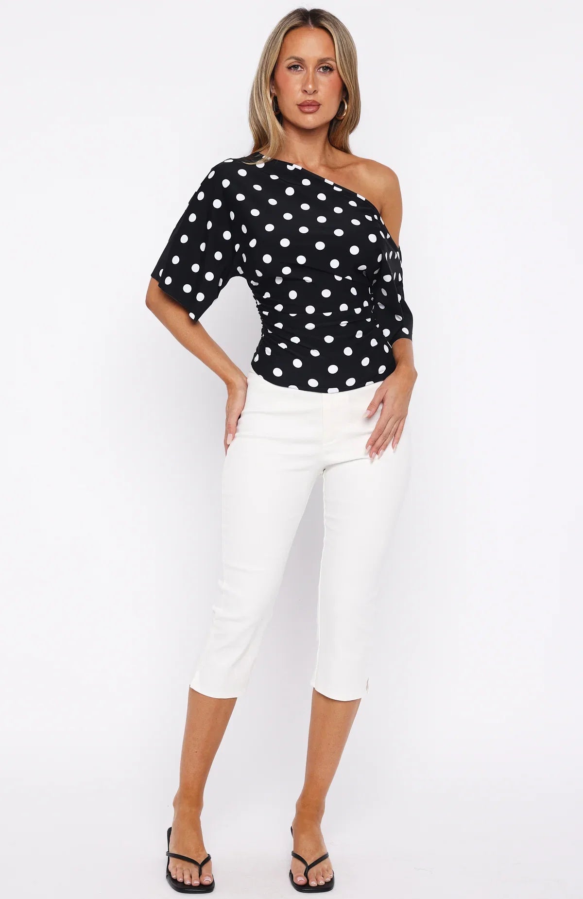 Marrakech Moments Cinched Waist Top Black White Polka Dot