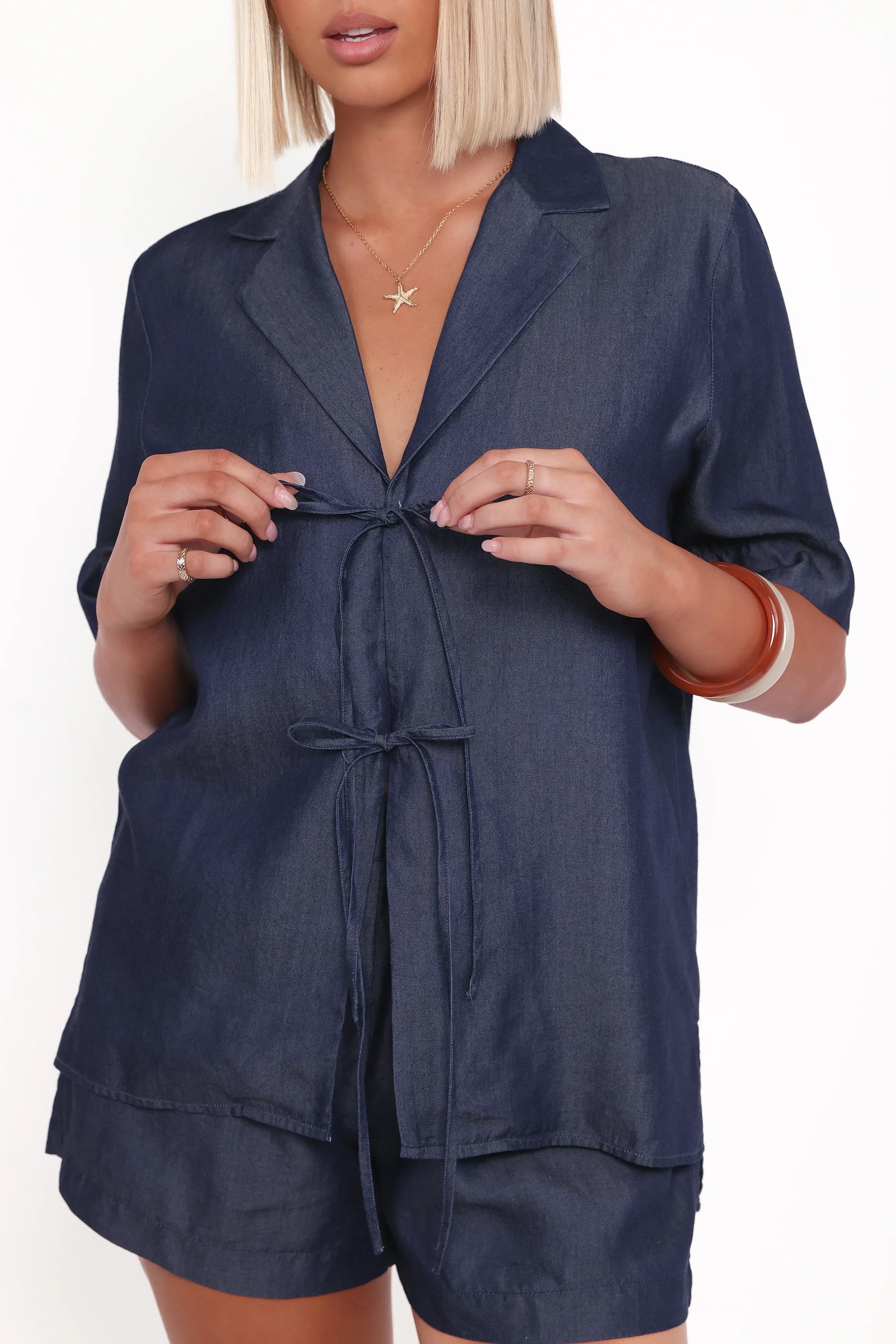 Aaliyah Chambray Tie Front Top Dark Wash