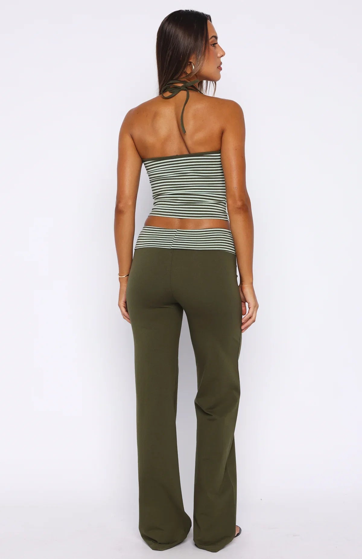 Lucky Charm Fold Over Pants Khaki Mint Stripe