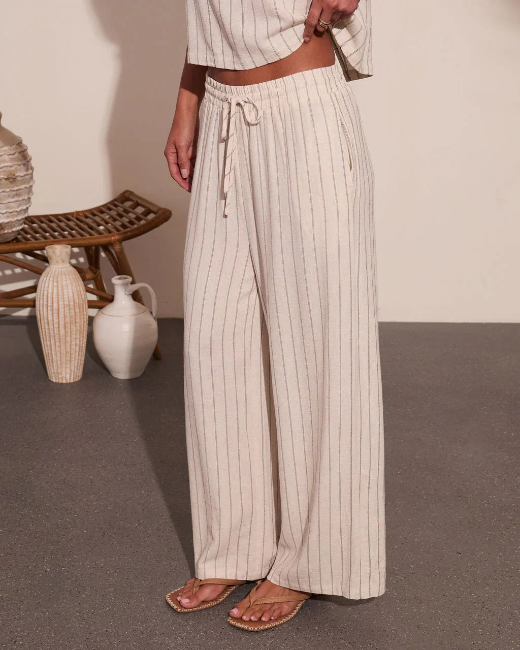 Lainee Striped Drawstring Linen Blend Wide Leg Pants