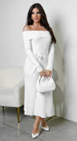 Zoya Off Shoulder Ribbed Midi Dress Ivory