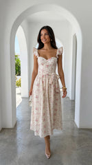 Florienne Floral Corset Flutter Midi Dress Ivory
