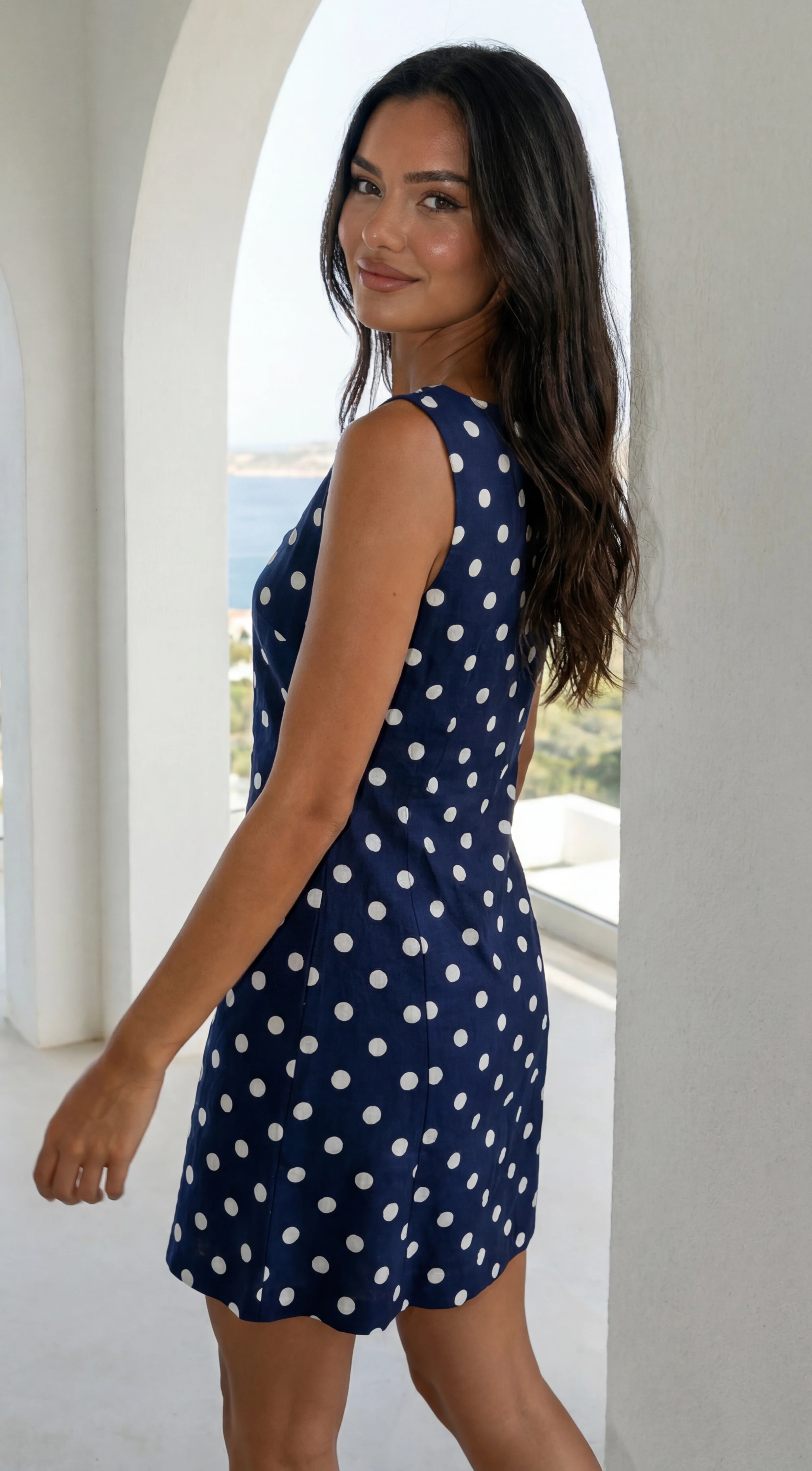 Norah Polka Dot Linen Blend Mini Dress Navy Blue