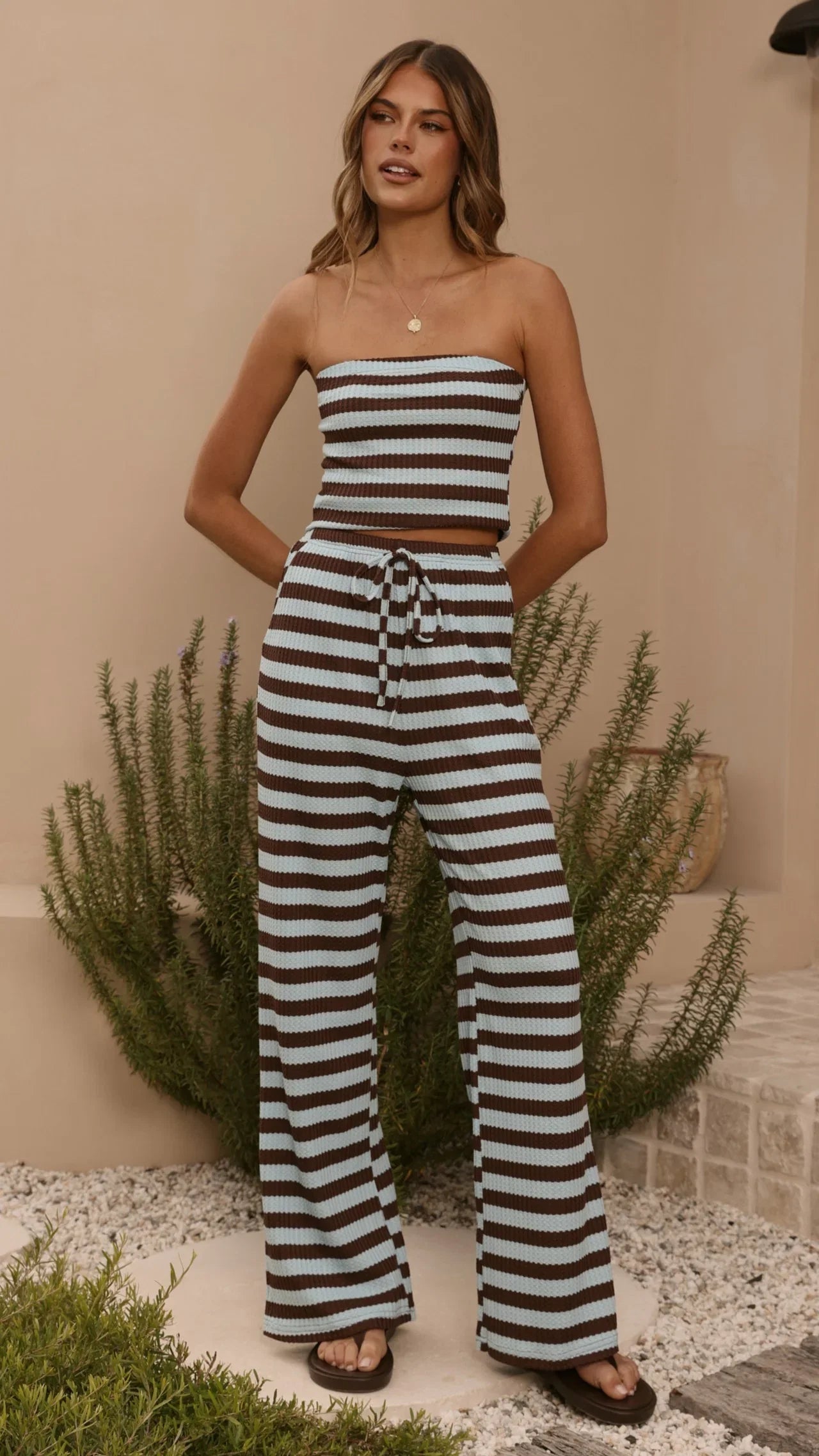 Milla Strapless Top Pants Set Brown Blue Stripe