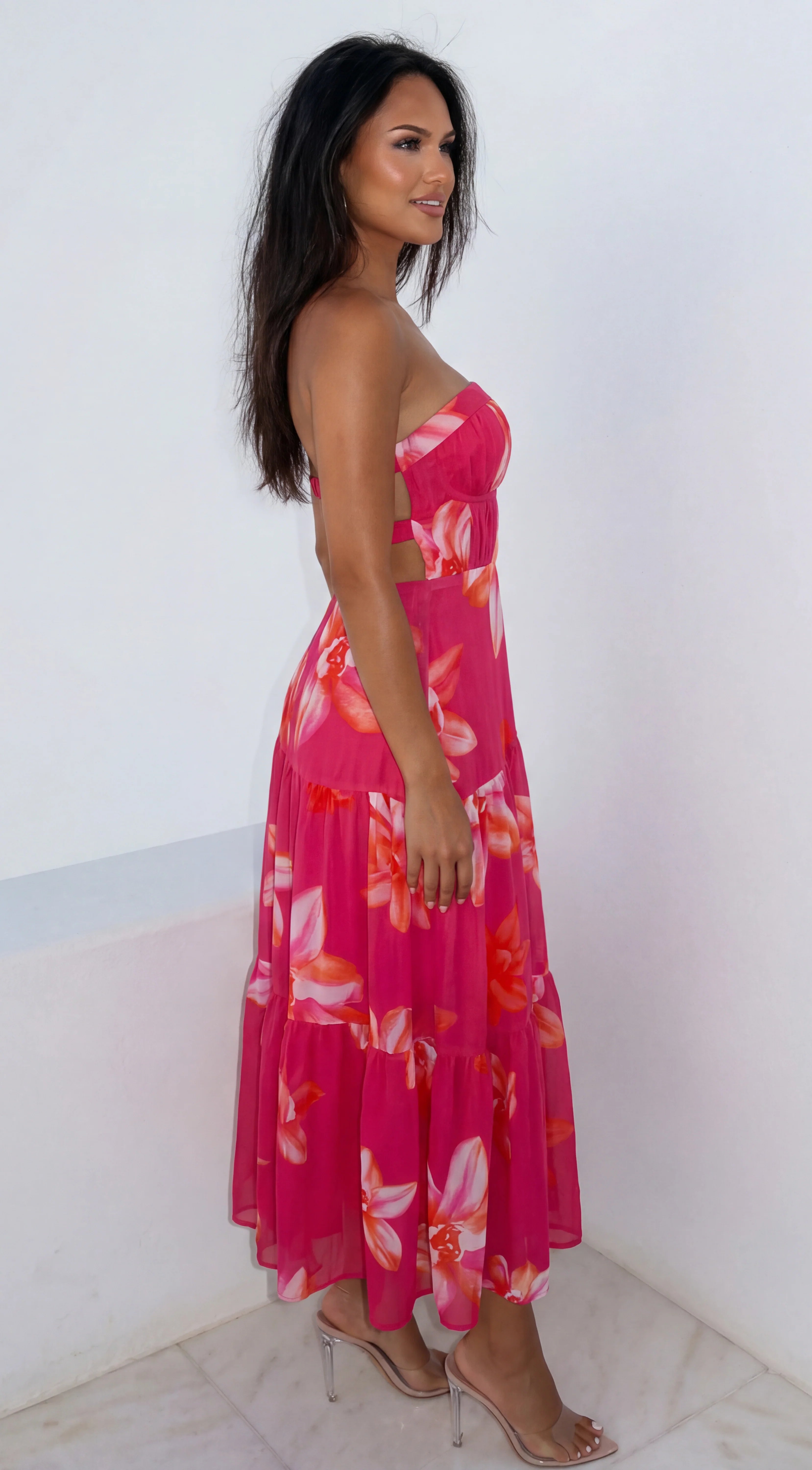 Paradiso Floral Print Midi Dress Pink