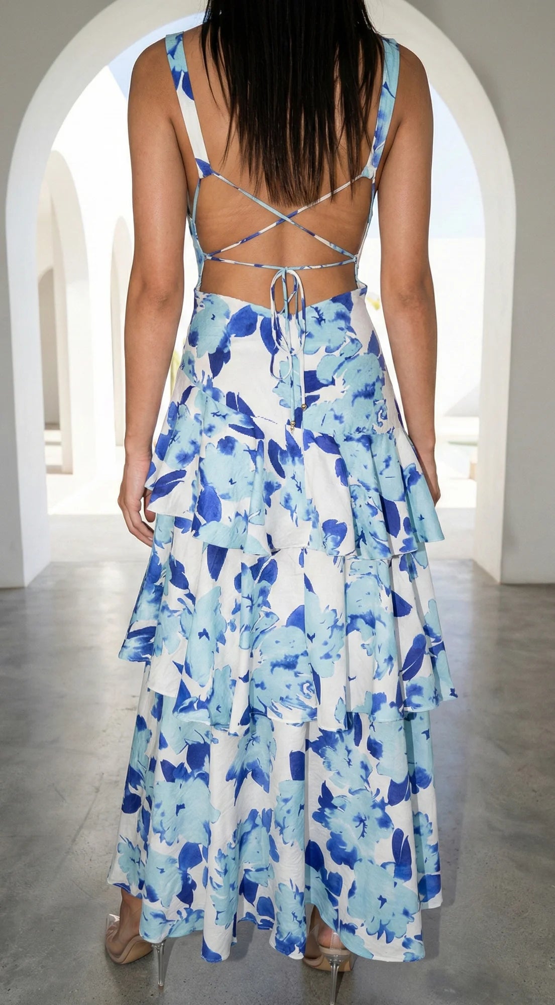 Aurelisse Floral Ruffled Maxi Dress Floral Blue