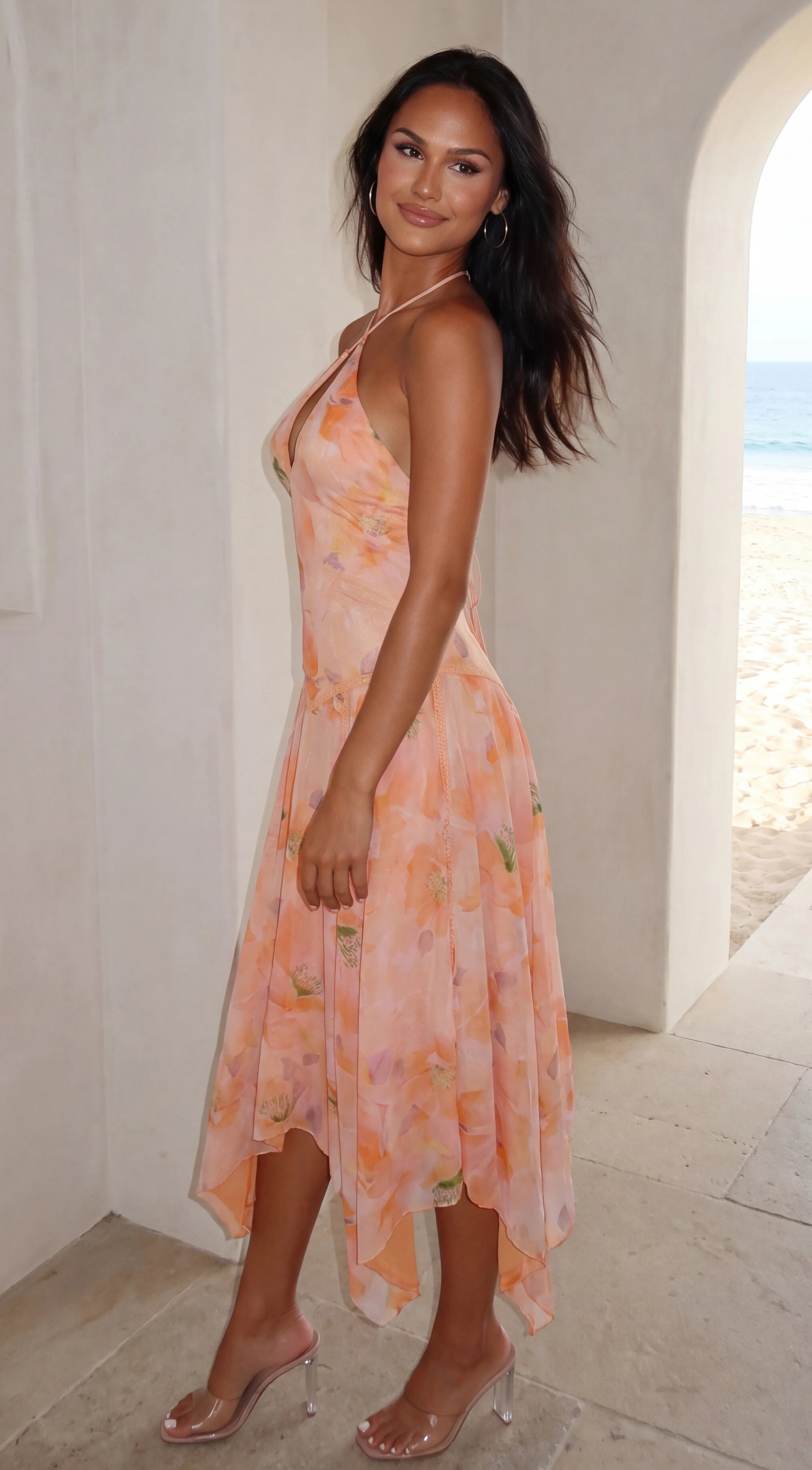 Esperalia Floral Halter Asymmetric Midi Dress Orange Multi
