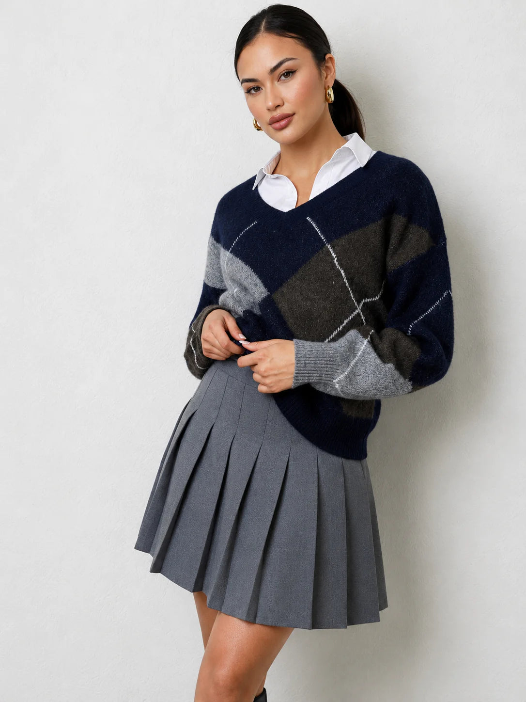 Noxley Argyle V Neck Long Sleeve Sweater Navy