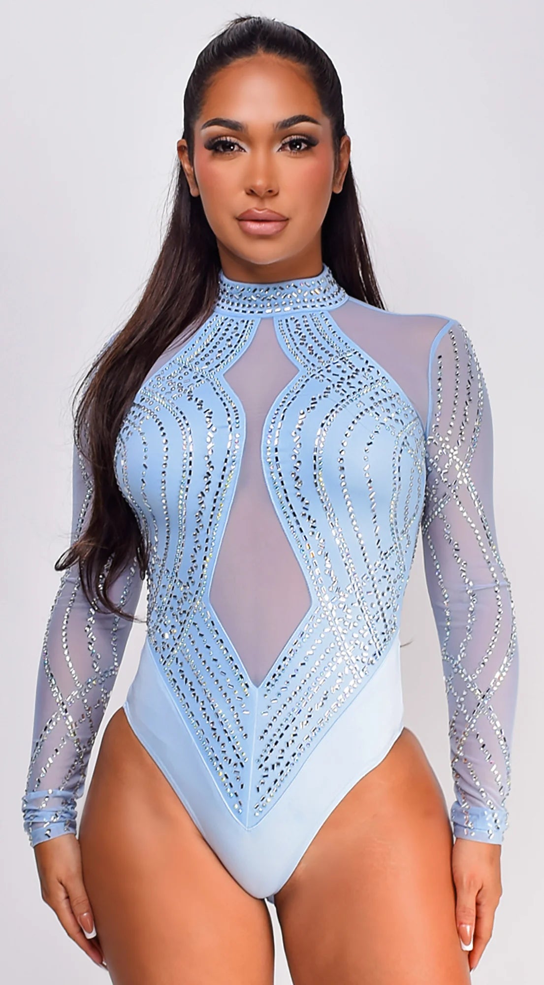 Alicia Rhinestone Mesh Bodysuit Blue