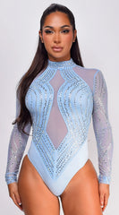 Alicia Rhinestone Mesh Bodysuit Blue
