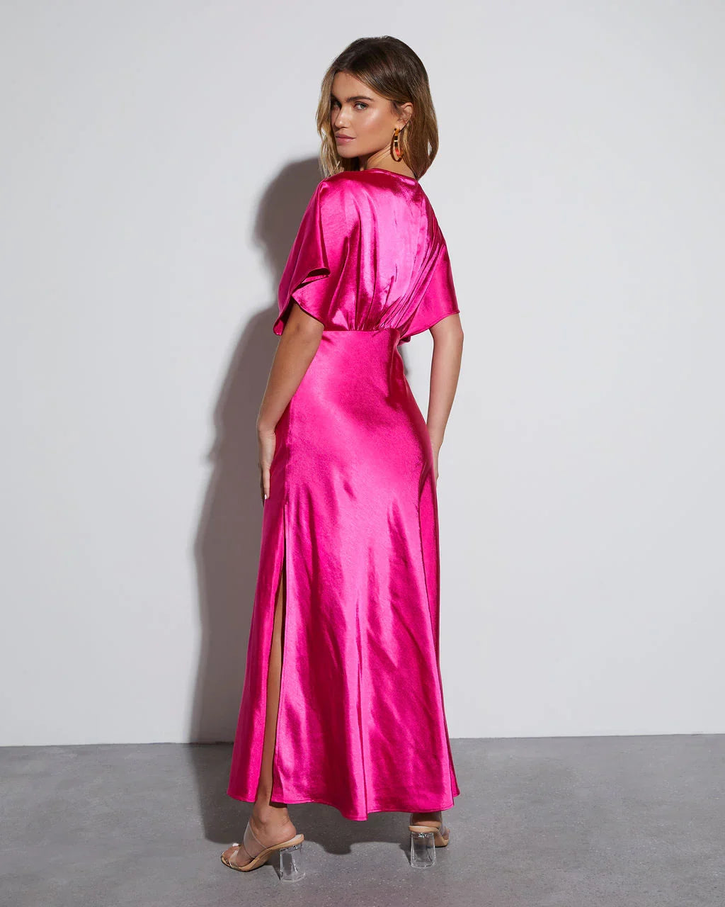 Theia Satin V Neck Maxi Dress