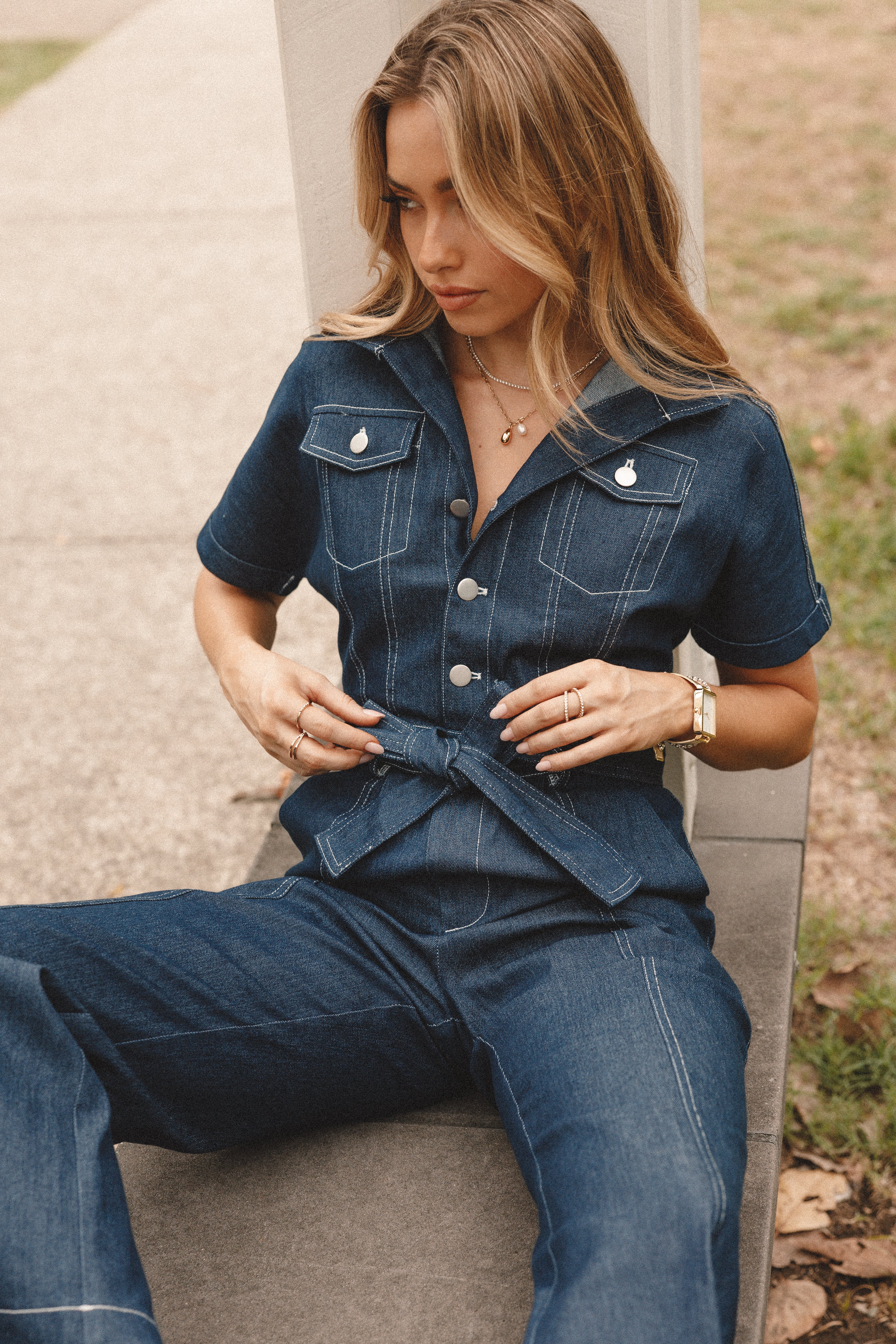 Demi Contrast Stitch Jumpsuit Dark Denim
