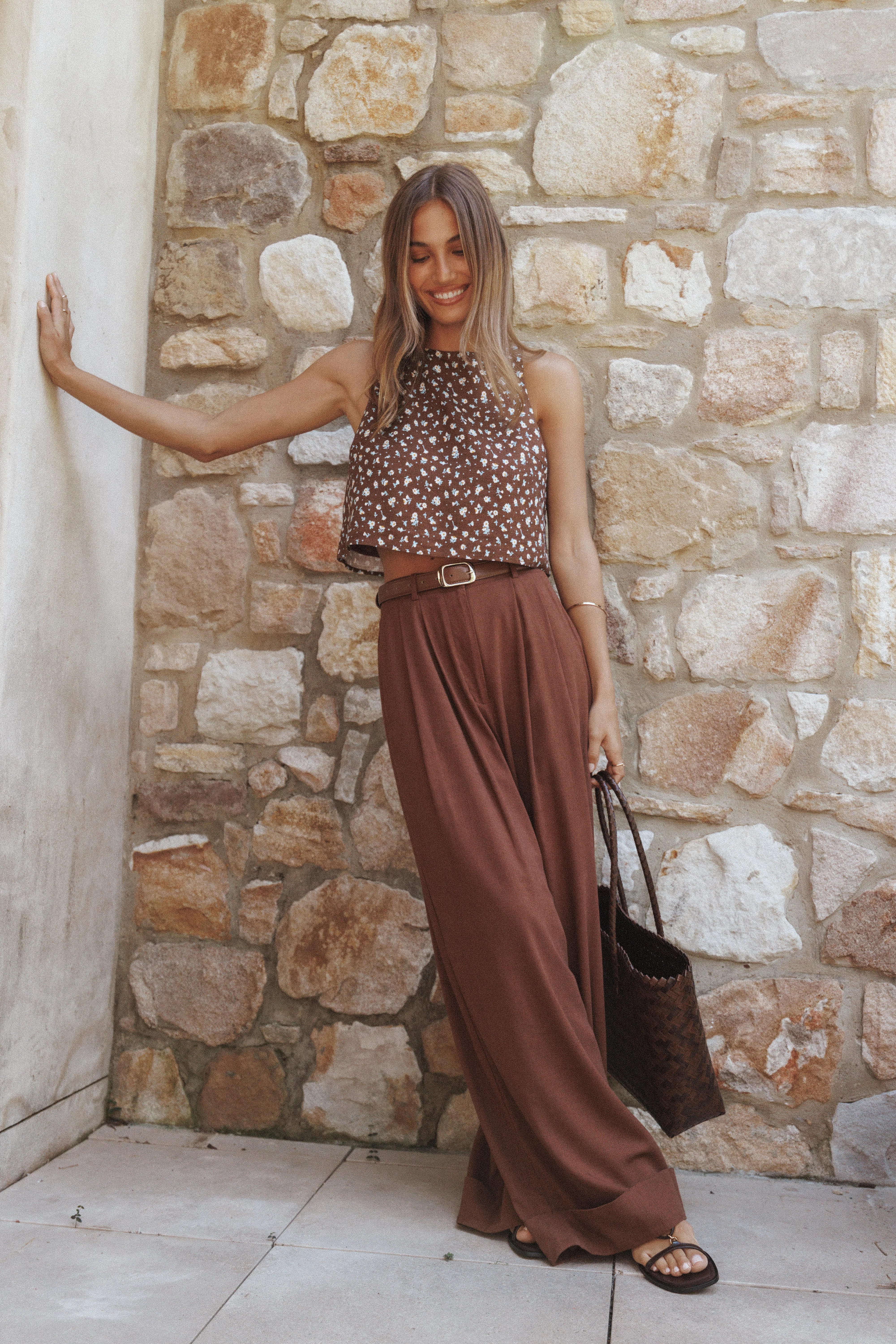 Madison Linen Cropped Tank Brown Floral
