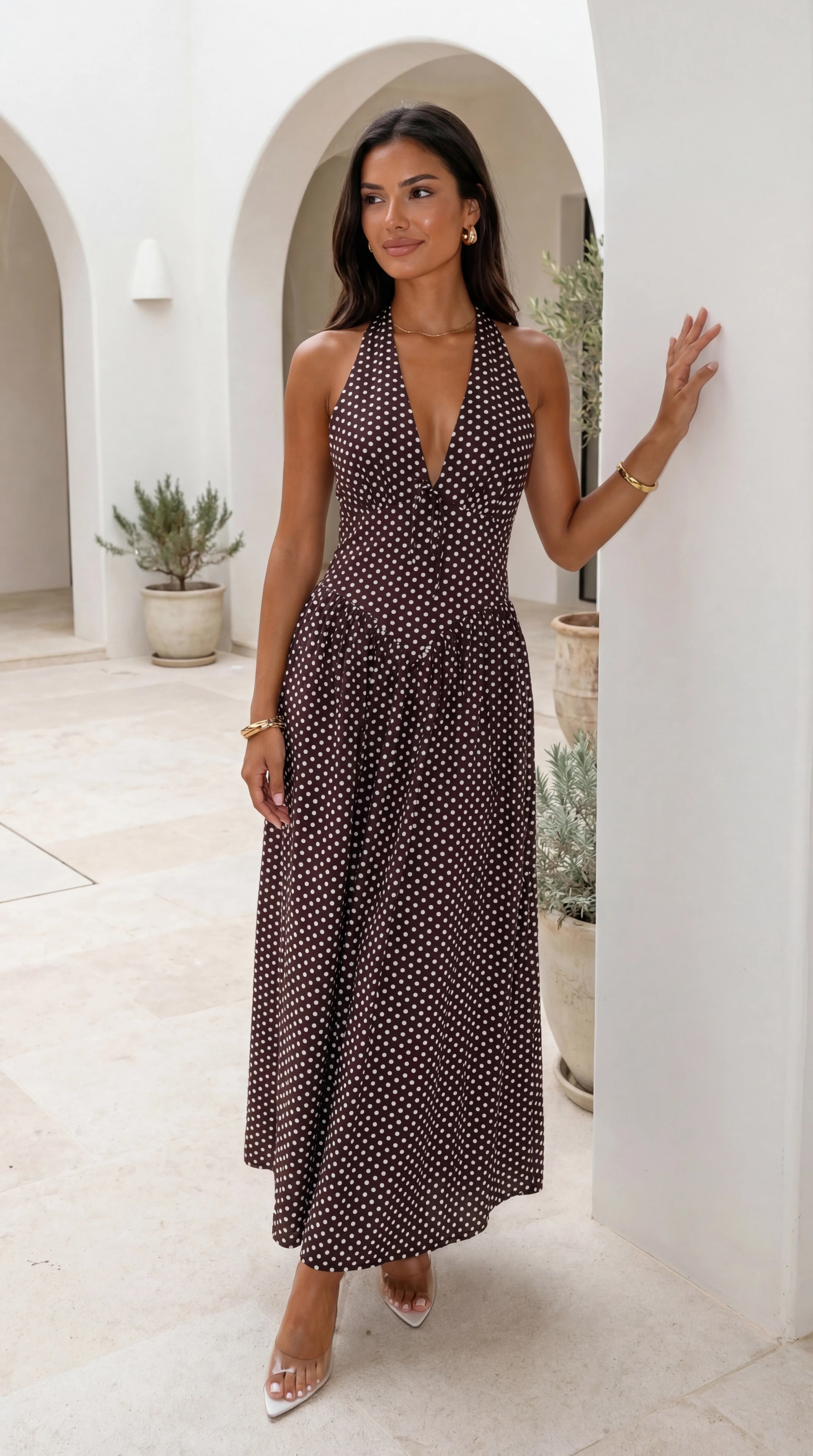 Calypra Polka Dot Halter Maxi Dress Brown