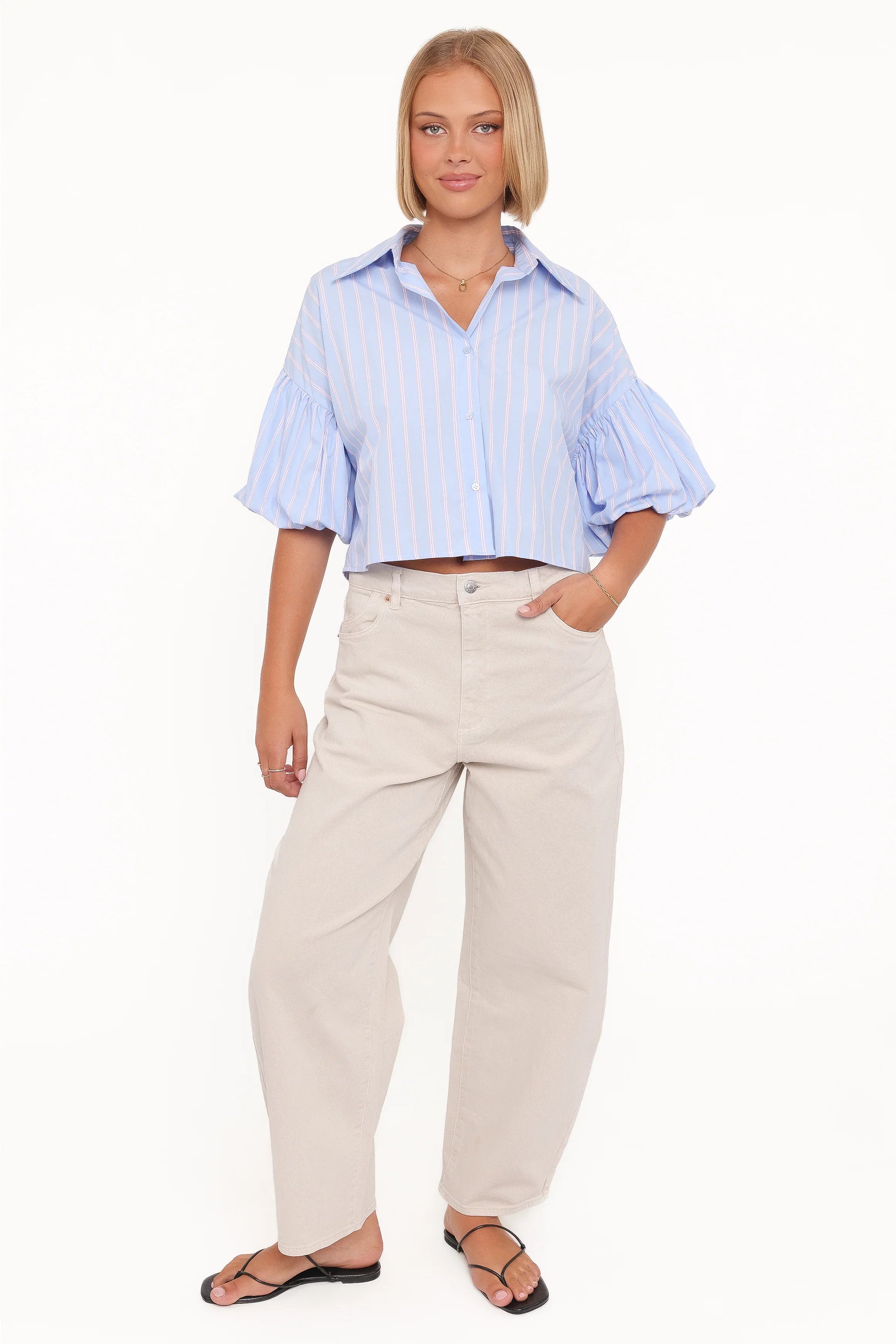 Zella Puff Sleeve Button Up Shirt Blue White Stripe