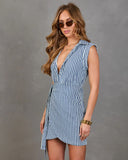Prep School Blues Striped Wrap Tie Mini Shirt Dress