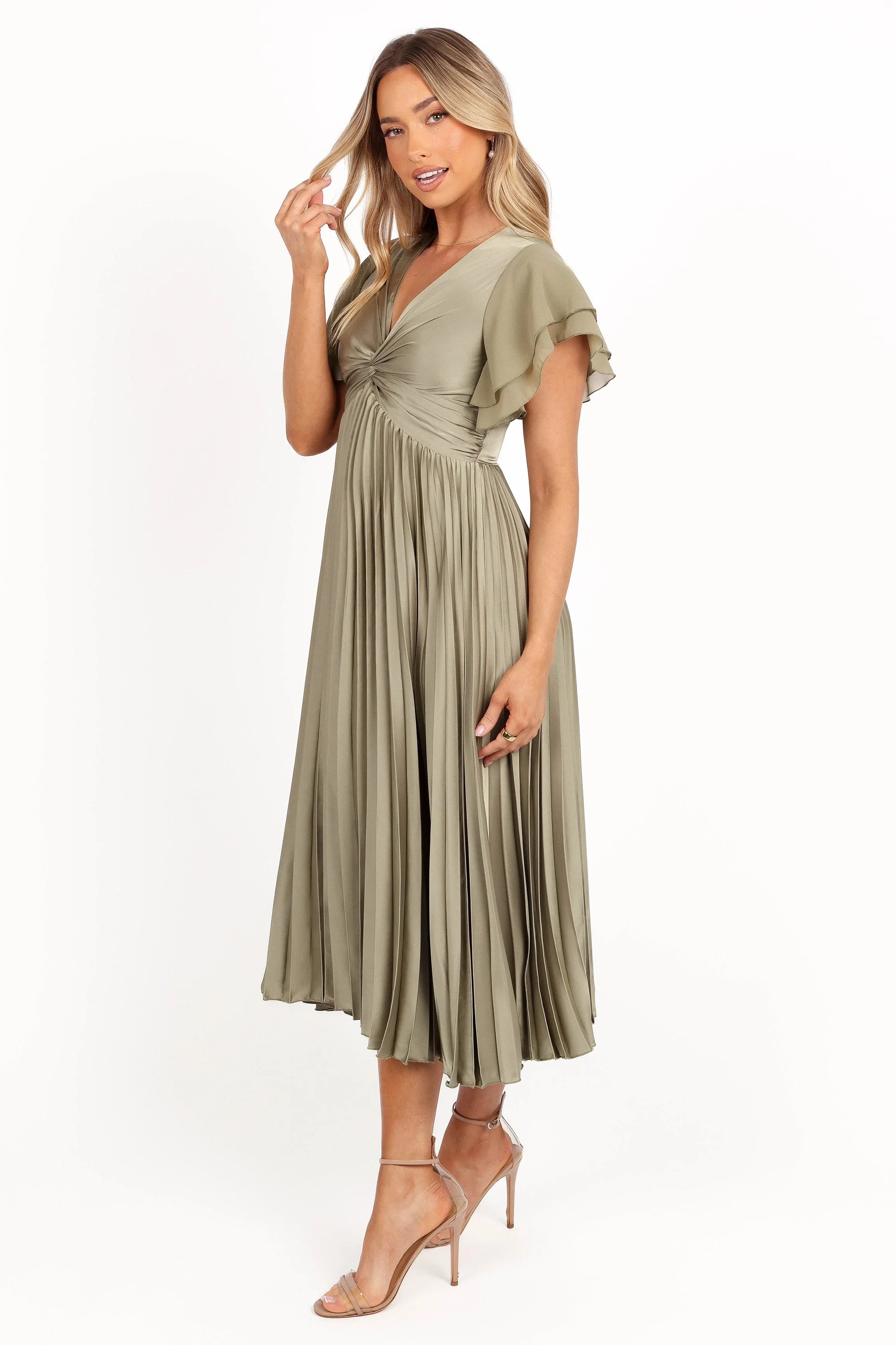 Nova Flutter Sleeve Midi Dress Olive