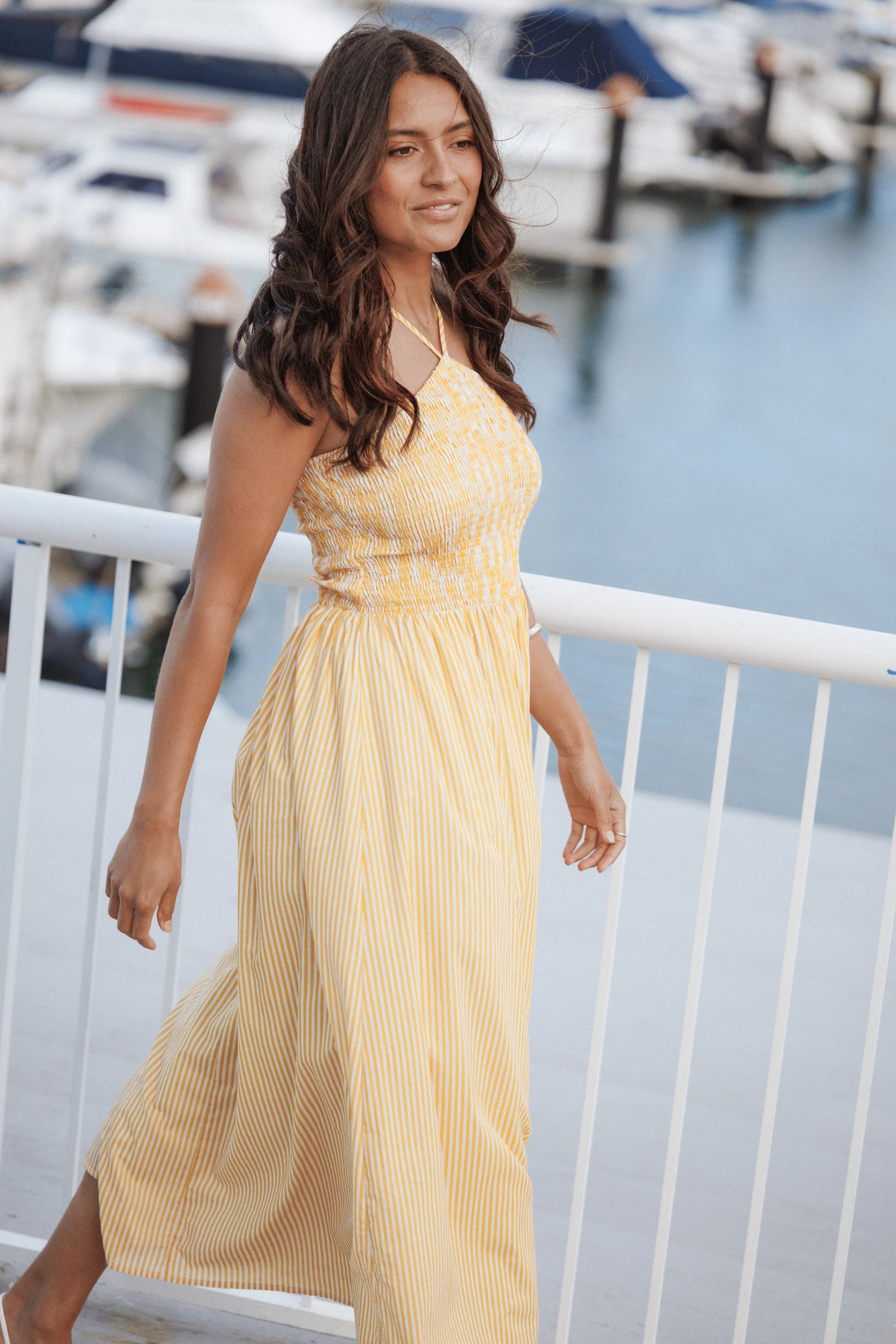 Aviva Smocked Midi Dress Mango Stripe