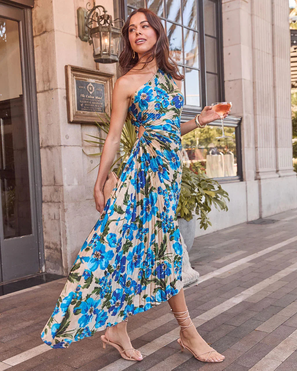 Modern Day Glam Printed One Shoulder Asymmetrical Maxi Dress