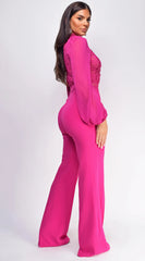Nerine Crochet Lace Mesh Jumpsuit Magenta Pink