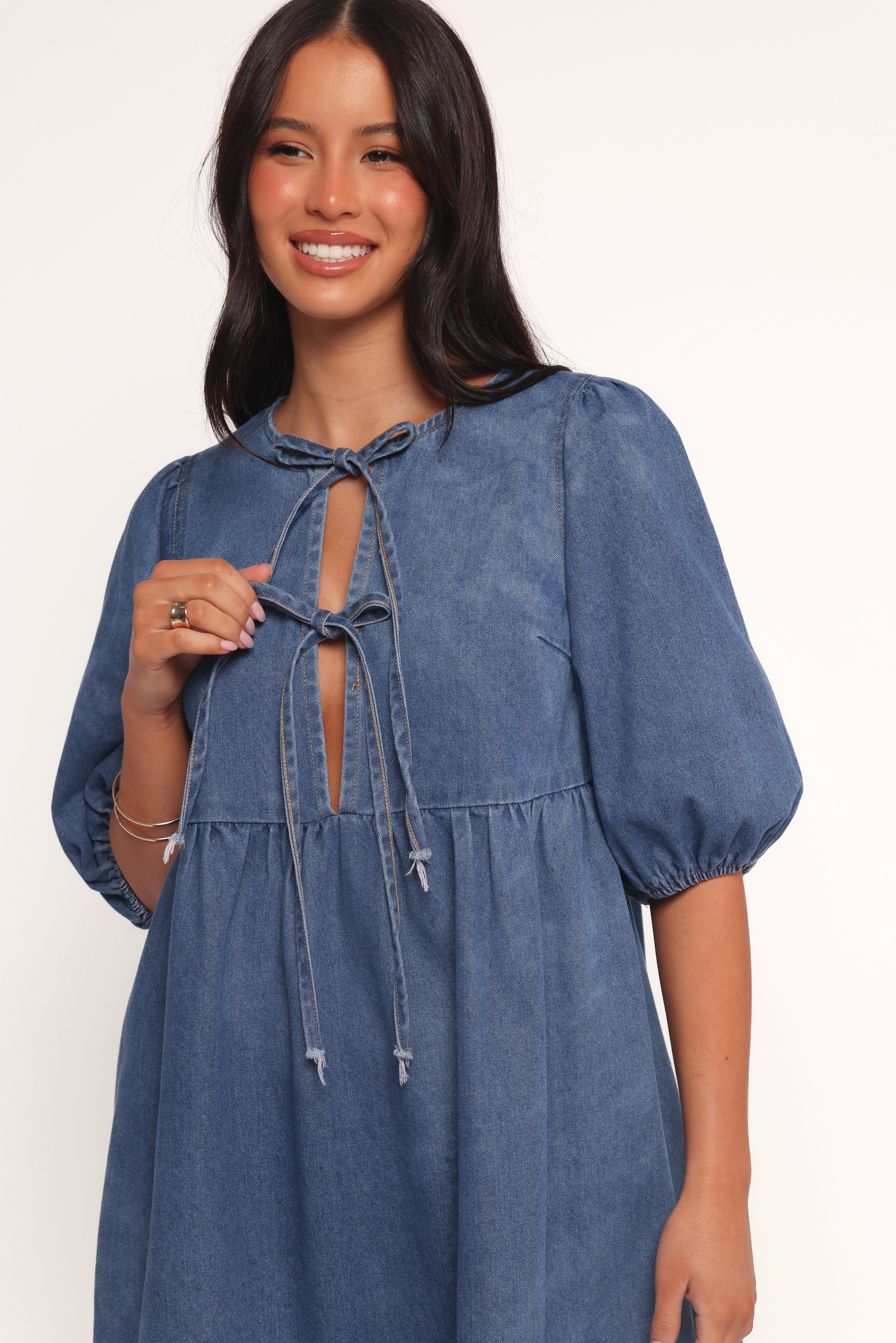 Romana Tie Front Mini Dress Dark Denim