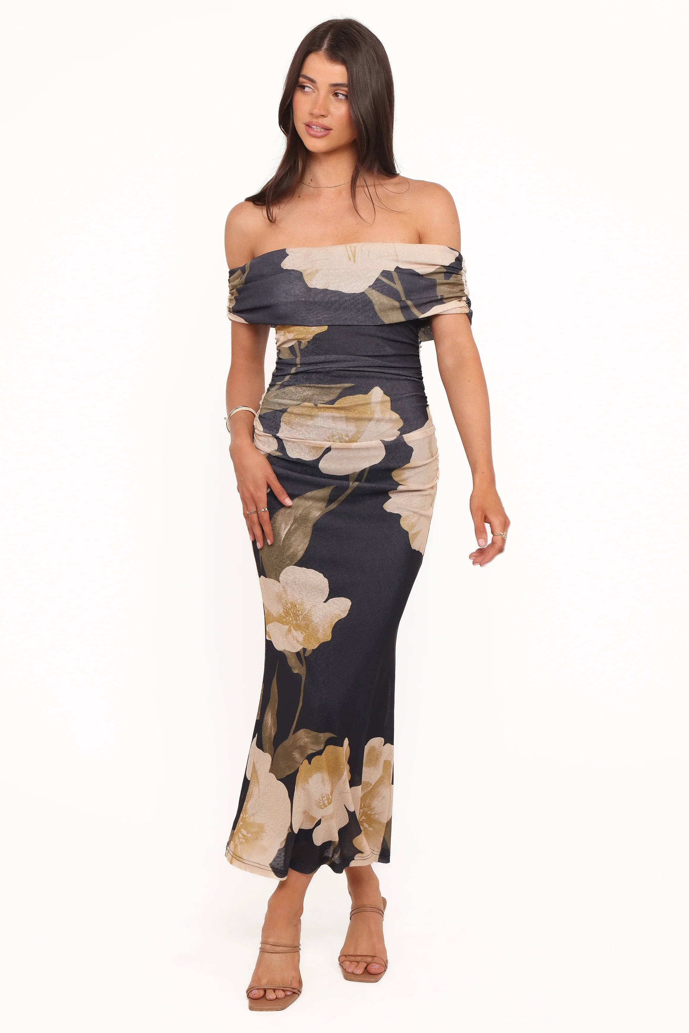 Koda Off Shoulder Midi Dress Black Floral