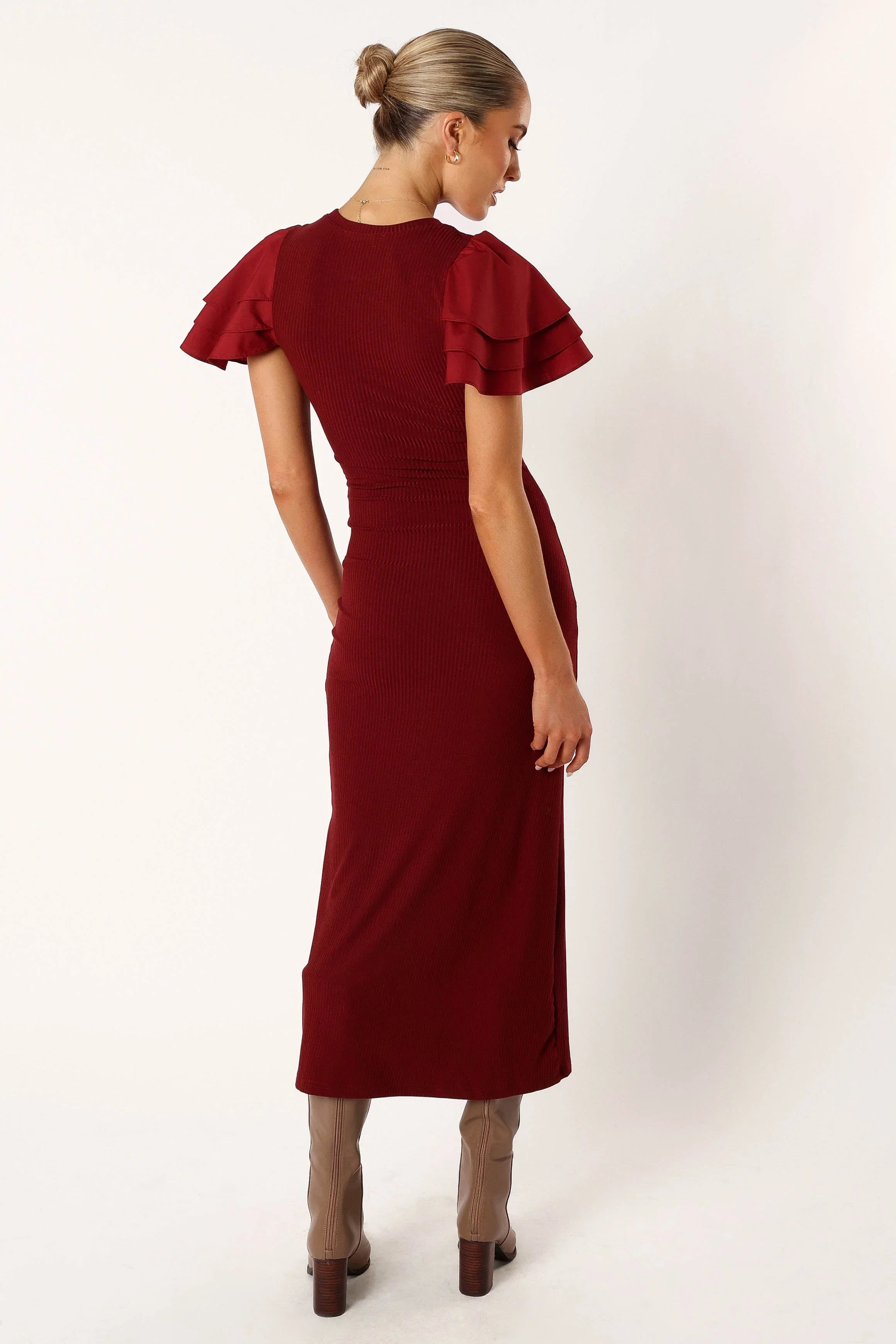 Cally Ruffle Sleeve Midi Dress Wine