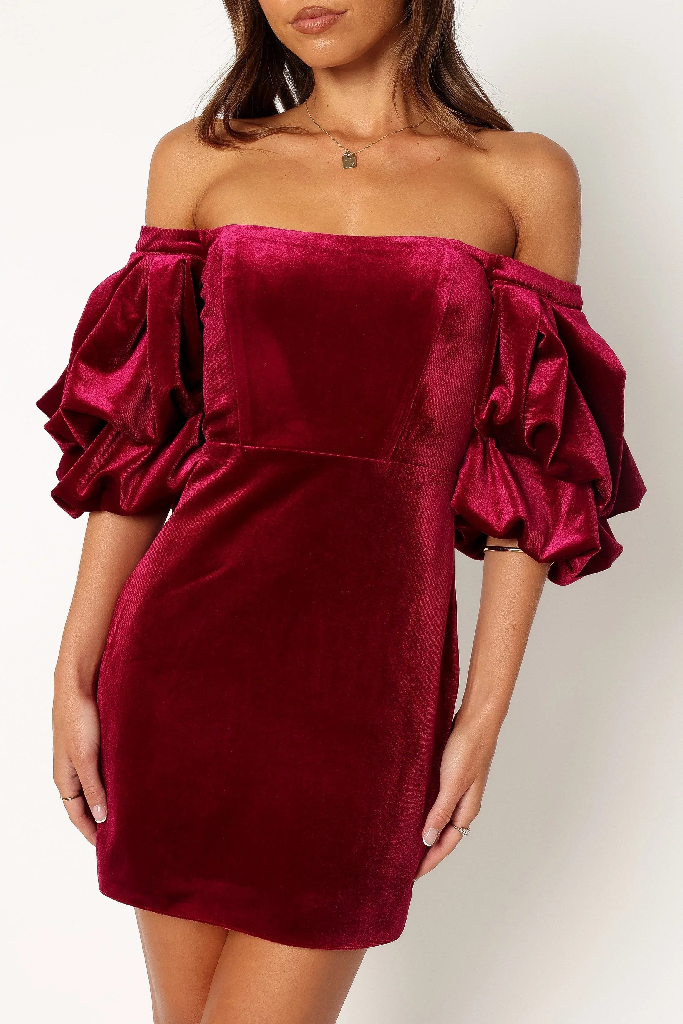 Dali Off Shoulder Velvet Mini Dress Ruby