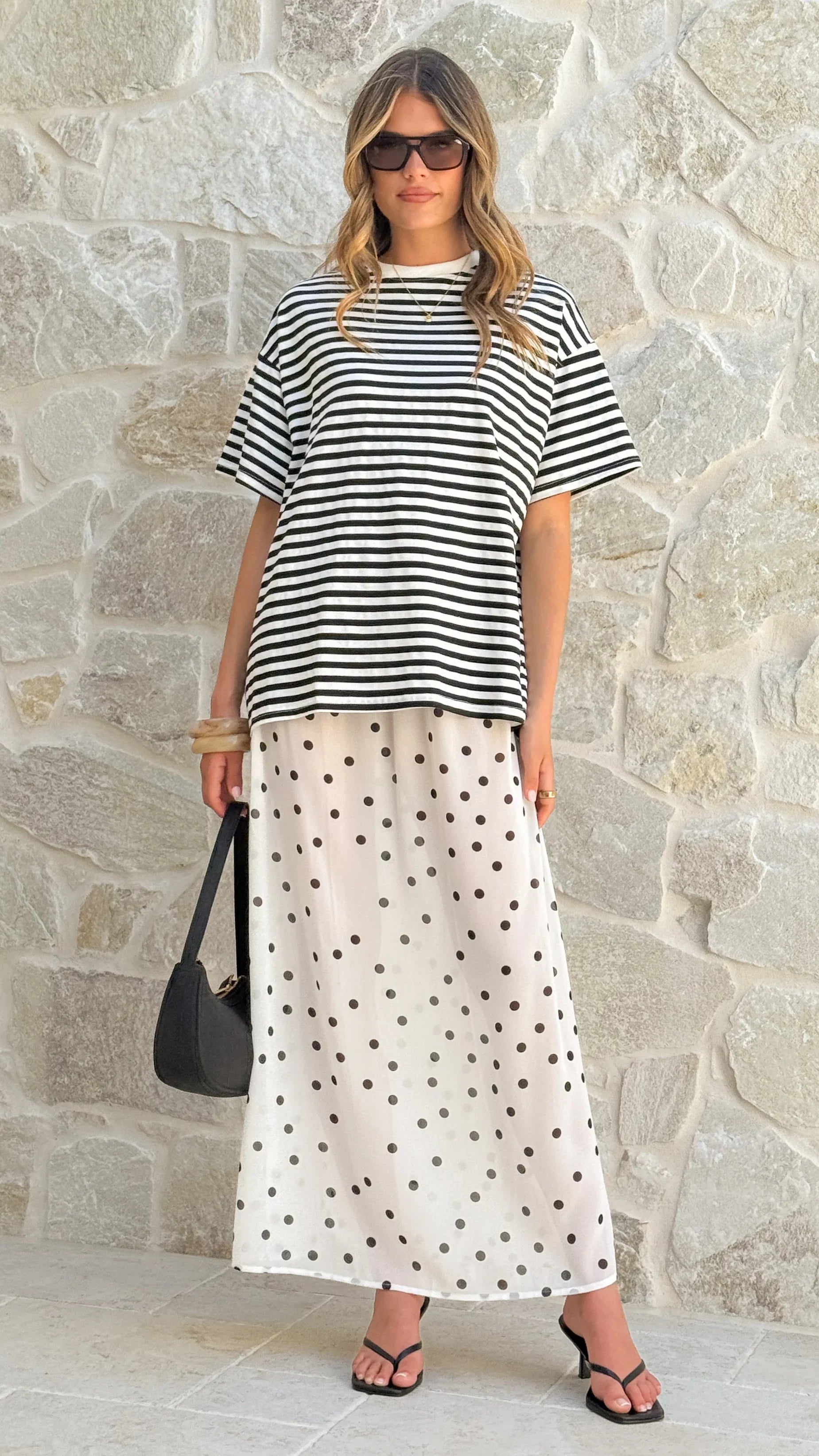 Elisha T Shirt and Sheer Maxi Skirt Set Black White Stripe and Polka Dot
