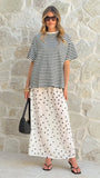 Elisha T Shirt and Sheer Maxi Skirt Set Black White Stripe and Polka Dot